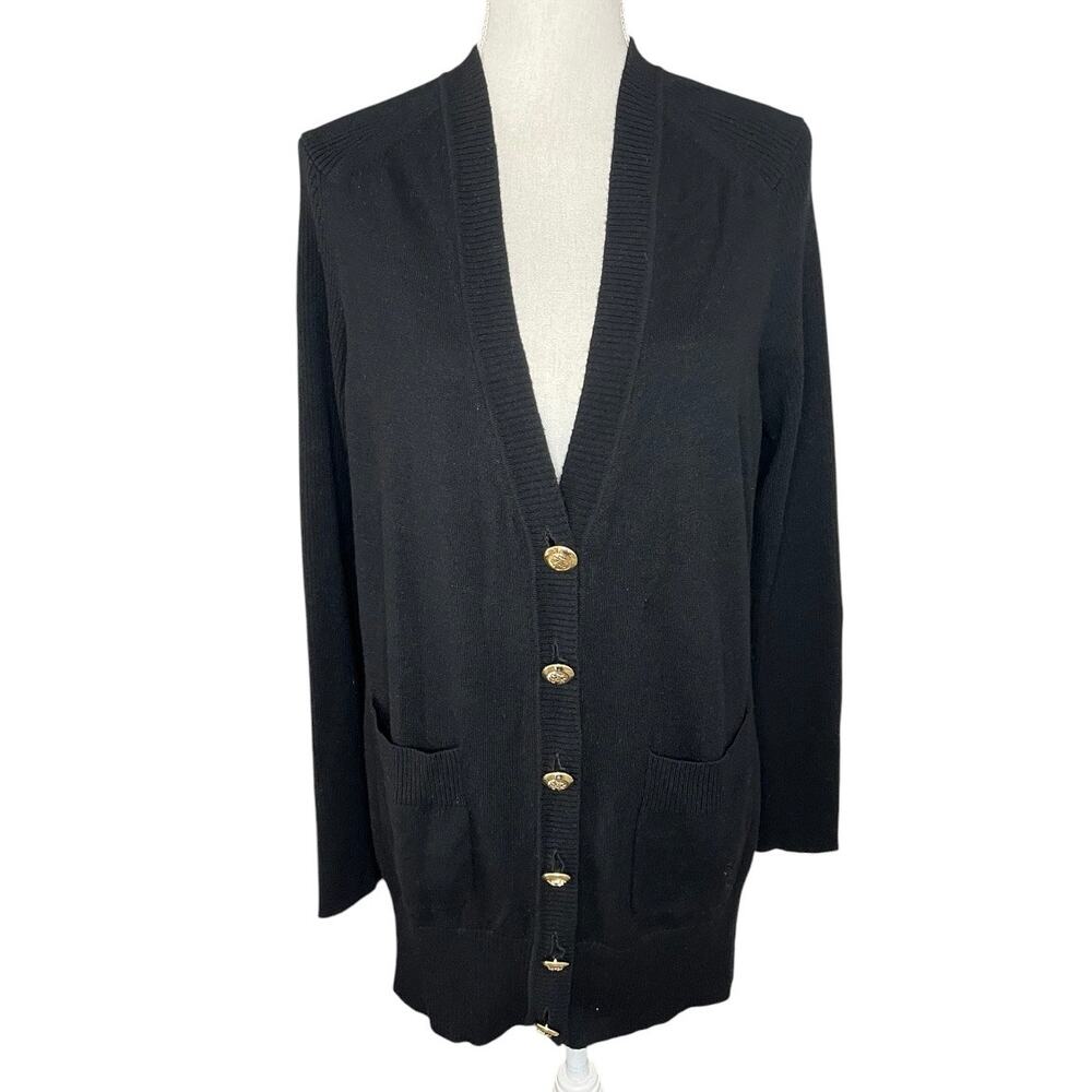 Tory Burch Black Cardigan Sweater with Gold Buttons wool preppy old money